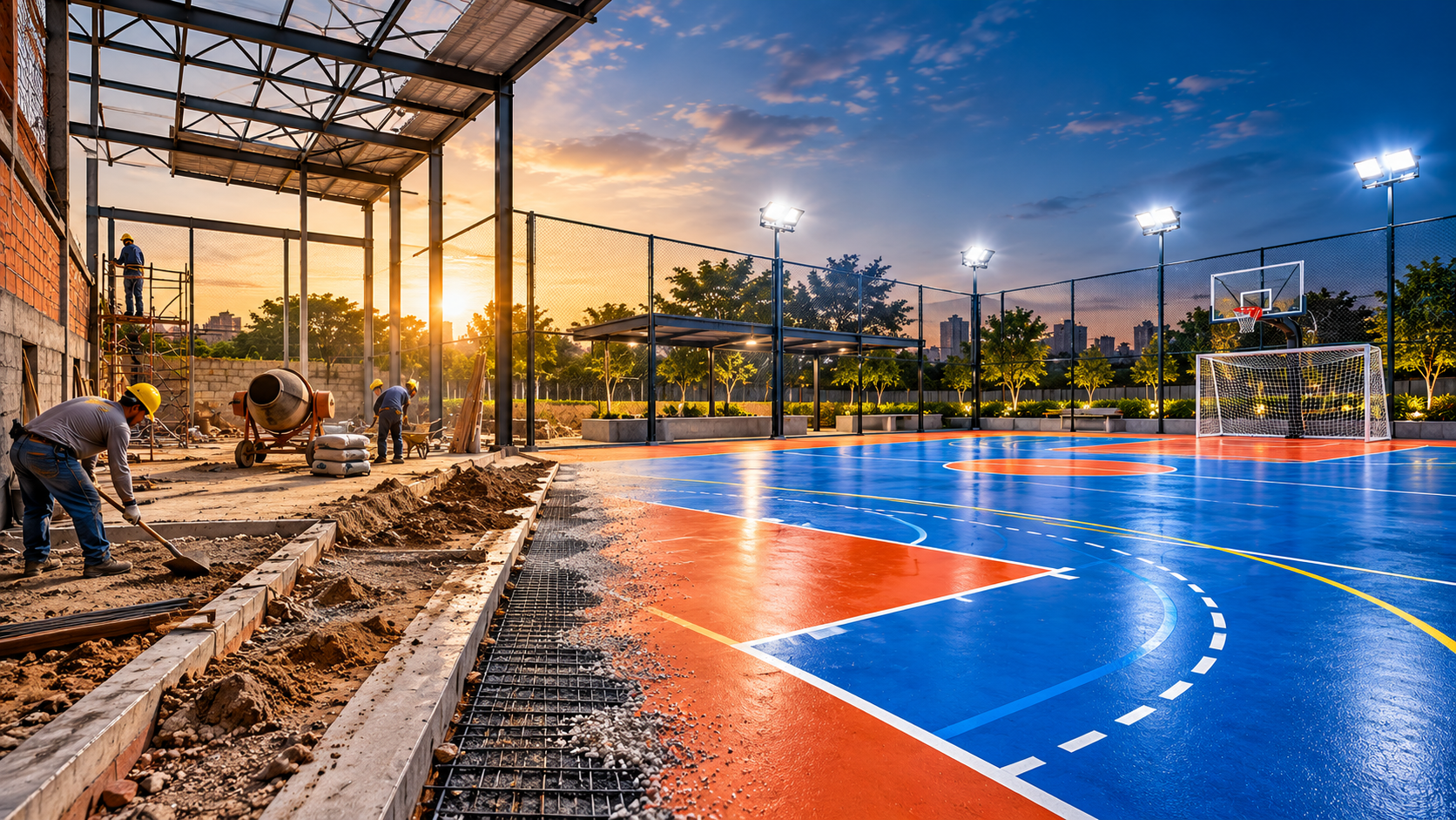 Ilustração de engenharia esportiva em uma quadra poliesportiva